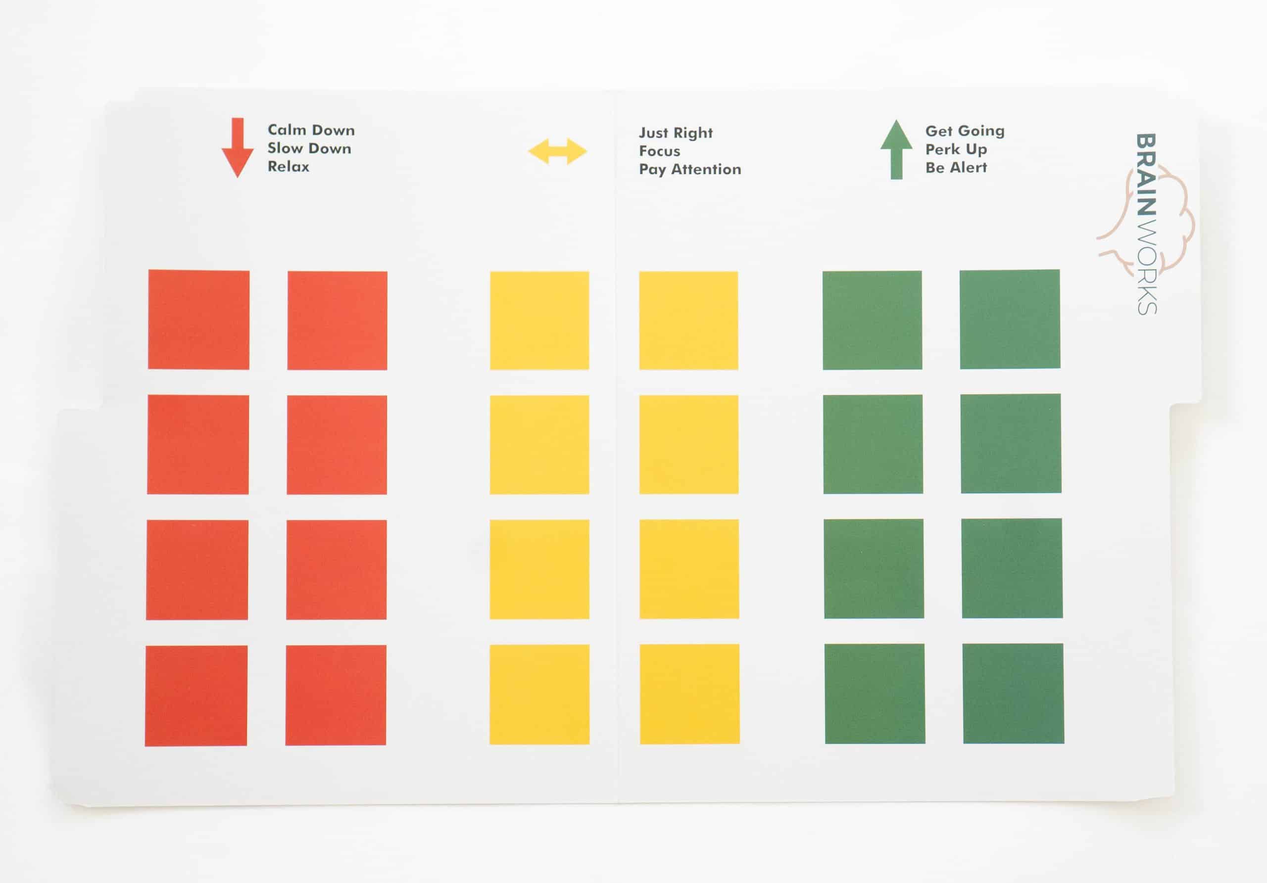 BrainWorks Kit features a grid of red, yellow, and green squares with calming, focusing, and alertness prompts.