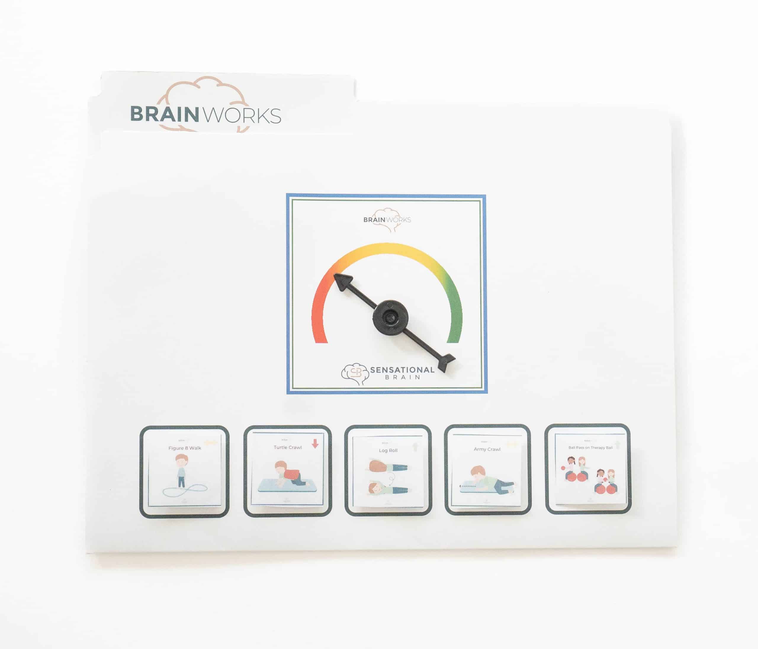 A folder labeled "BrainWorks" with a sensory gauge and five activity cards displayed.
