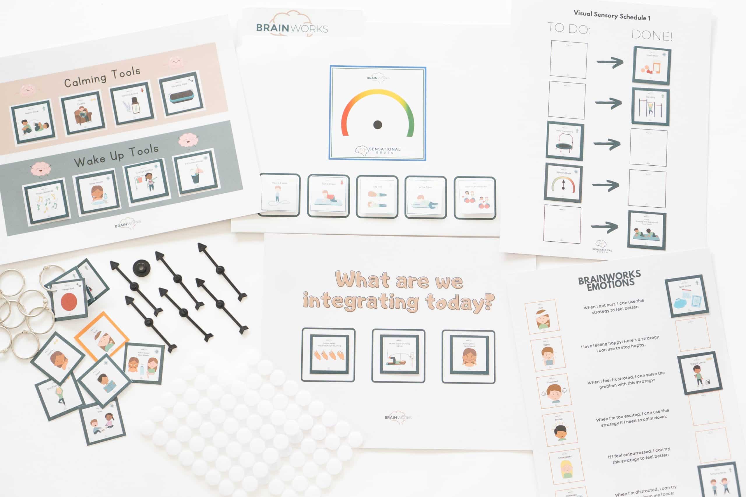 BrainWorks Single Printed Kit showing calming tools, visual schedules, and emotion cards for sensory integration.