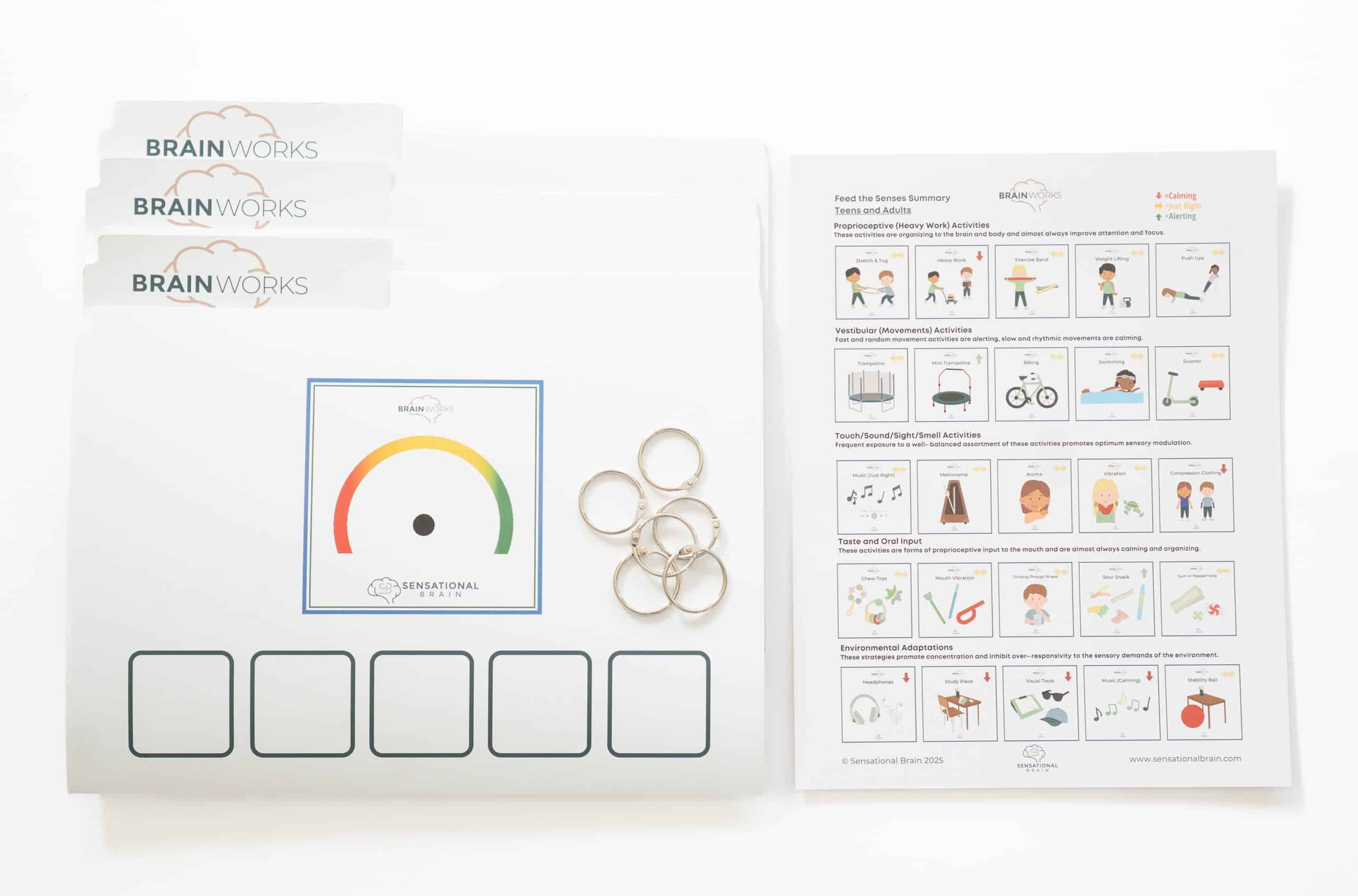 BrainWorks sensory activity kit includes folders, key rings, and a reference guide for calming and alerting activities.