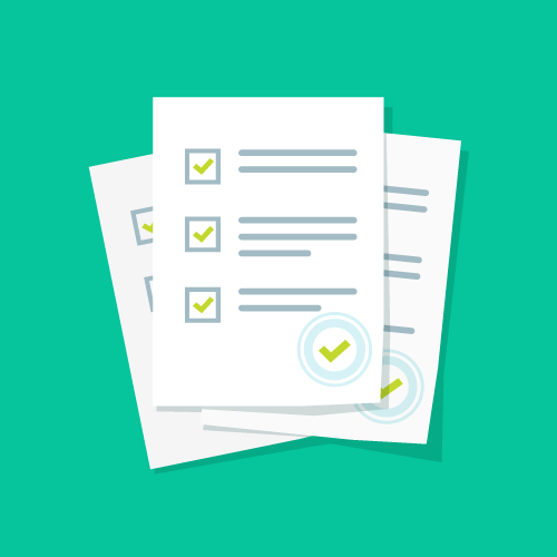 Stack of papers with checkmarks on a green background.
