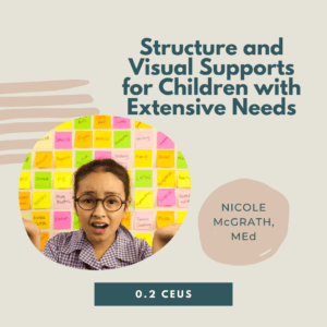 Child with glasses looks confused in front of colorful sticky notes; book titled "Structure and Visual Supports.