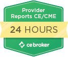 Badge showing Provider Reports CE/CME within 24 hours, vital for evidence-based training for pediatric OTs.