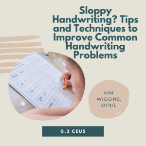 Child practicing handwriting on lined paper with pencil. Text: "Sloppy Handwriting? Tips to Improve.