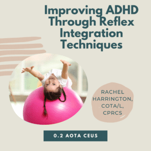 Young child rolling on her back over a large, pink therapy ball