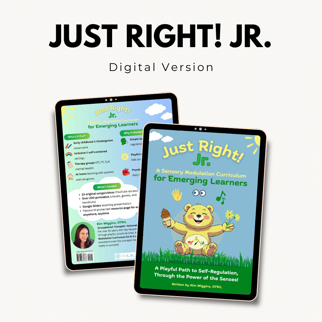 Tablet showing "Just Right! Jr." sensory curriculum e-book for emerging learners, featuring cute bear illustration.