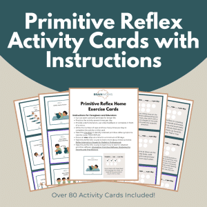 Primitive Reflex Activity Cards with instructions are displayed. Over 80 cards included.
