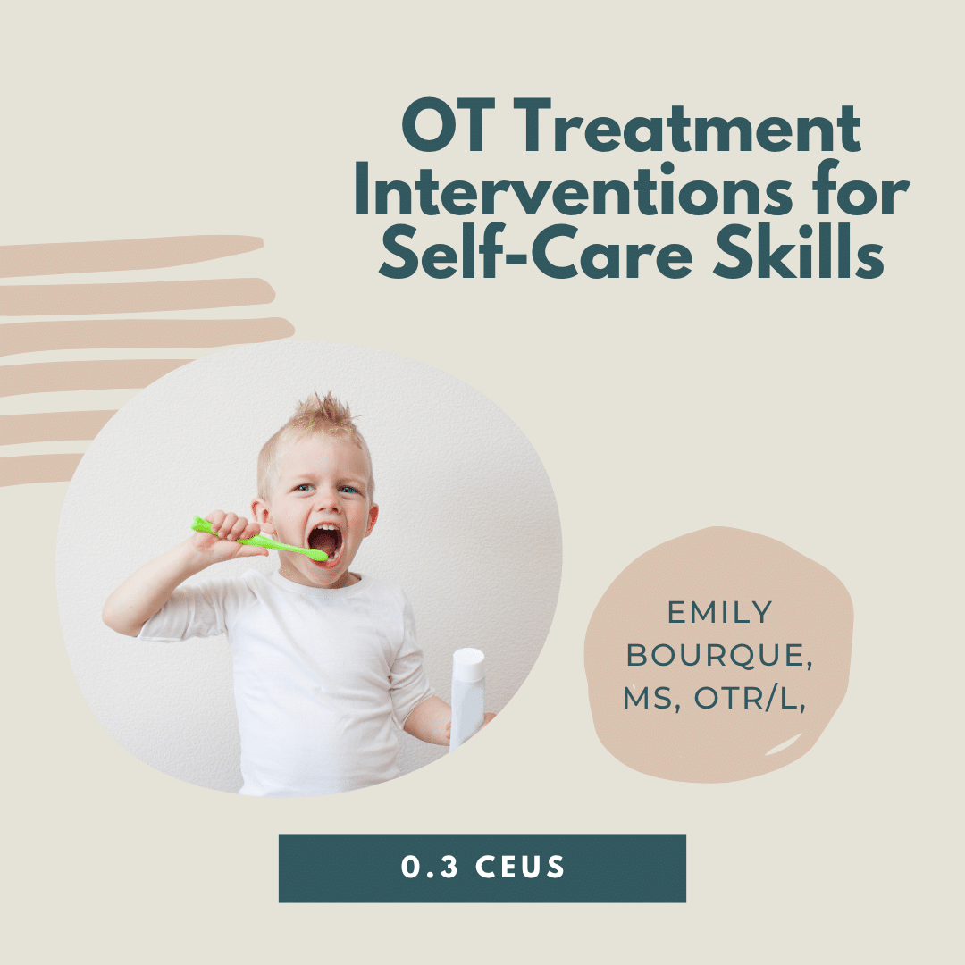 Child brushing teeth with a green toothbrush, promoting OT treatment interventions for self-care skills.