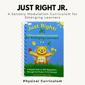 Spiral-bound book titled "Just Right! Jr." with a playful bear holding a flower and snack on the cover.