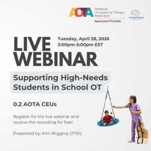 Therapist pushing a young child in a therapy swing while dangling a red ball in front of their eyes