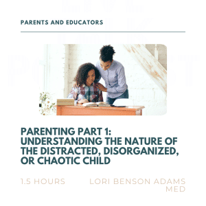Two people looking at an open book on a desk with event title about understanding distracted children.