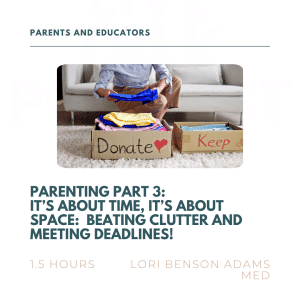 Person sorting clothes into "Donate" and "Keep" boxes, promoting parenting and clutter management webinar.