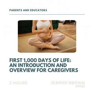 Pregnant person sitting cross-legged, holding belly; text: "First 1,000 Days of Life: An Introduction and Overview for Caregivers.