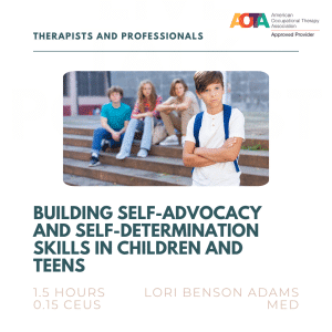 Teens sitting on steps, one standing confidently in front. Text: Building Self-Advocacy in Children and Teens.