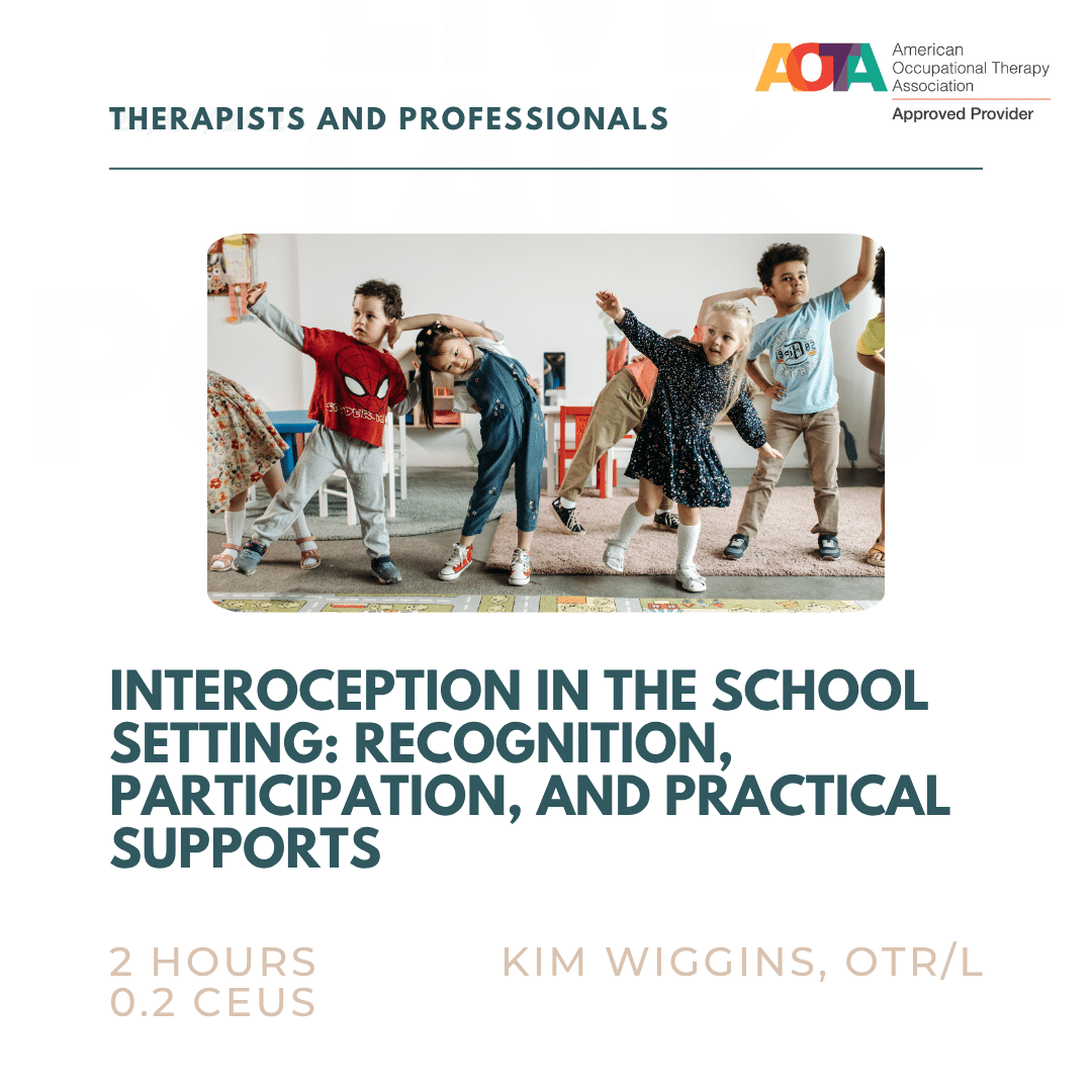 A diverse group of children dancing energetically in a classroom setting, under event info for occupational therapy course.