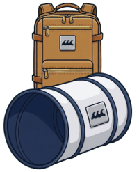 A brown backpack and a white strap with blue edges, both featuring a wave logo.